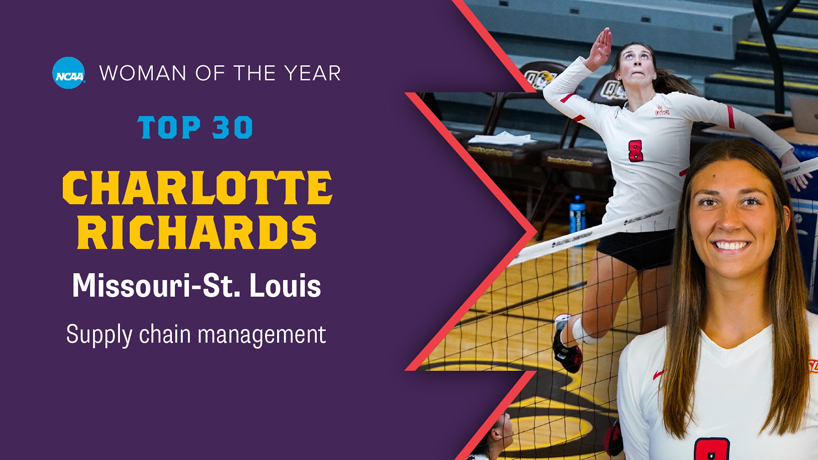 Graphic highlighting UMSL volleyball standout Charlotte Richards, who was named a Top 30 honoree for NCAA Woman of the Year