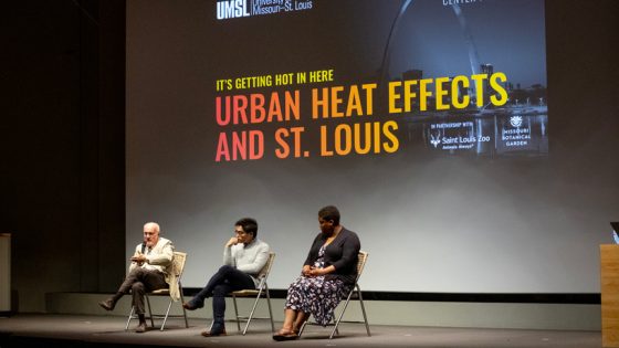 Andrew Hurley, Steven Duong and Kaylee Arnold sit on stage at the Anheusuer-Busch Theater at the Saint Louis Zoo during the Whitney and Anna Harris Conservation Forum