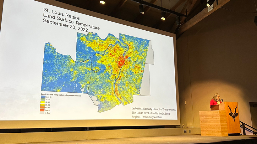 Aimee Dunlap shows a map of surface temperatures in the St. Louis region