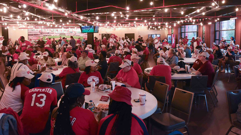 Tables are filled inside Cunningham Corner at Busch Stadium