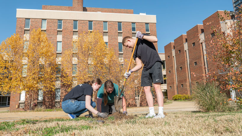 Psychology student Makenzie Strickler, biology student James Ott and international business student Hendrik Bechtel plant a Bur Oak tree near the Science Complex.