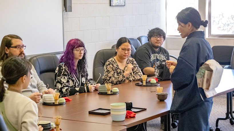 Associate Teaching Professor Keiko Ueda leads a Japanese Tea Ceremony workshop last Thursday in Clark Hall at the University of Missouri–St. Louis