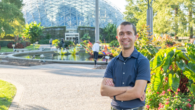 Matt Austin at the Missouri Botanical Garden with the Climatron behind him