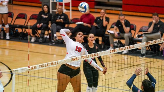 Middle blocker Mya Elliott swings at ball above the volleyball net