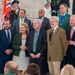 Eamonn Wall, the Smurfit-Stone Corporation Professor of Irish Studies at UMSL, is surrounded by dignitaries and three other St. Louis Irish Americans, Mike Tevlin, Susan Powers and Thomas Finan at the St. Louis Irish American Heritage Celebration in the City Hall rotunda.