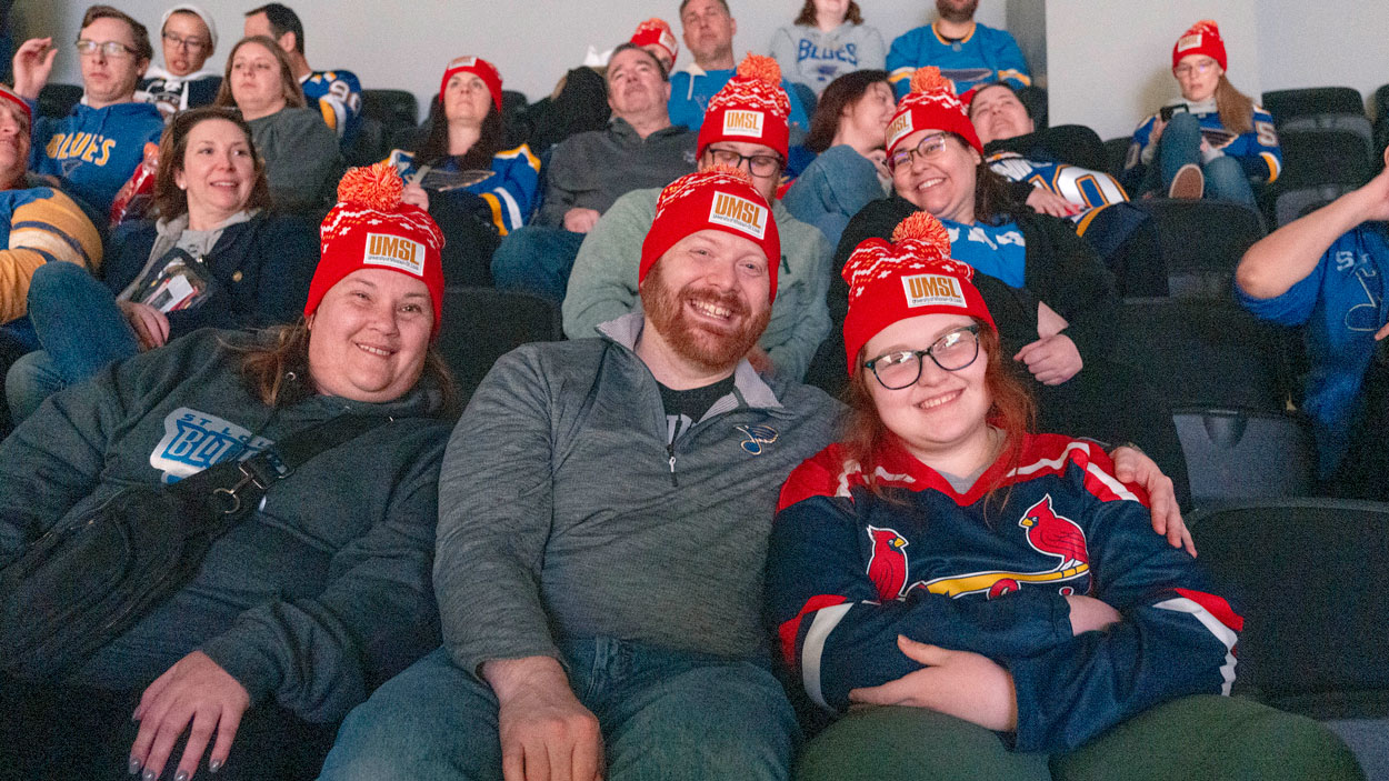 UMSL-affiliated fans enjoy themselves in the stands during UMSL Night at the St. Louis Blues