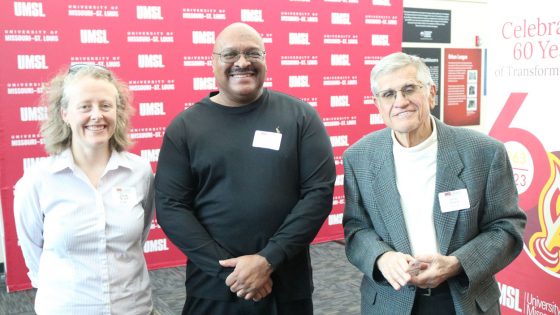 Claire Brook, Michael Washington and James Chickos at a celebration of 60 years of UMSL chemistry in the MSC rotunda