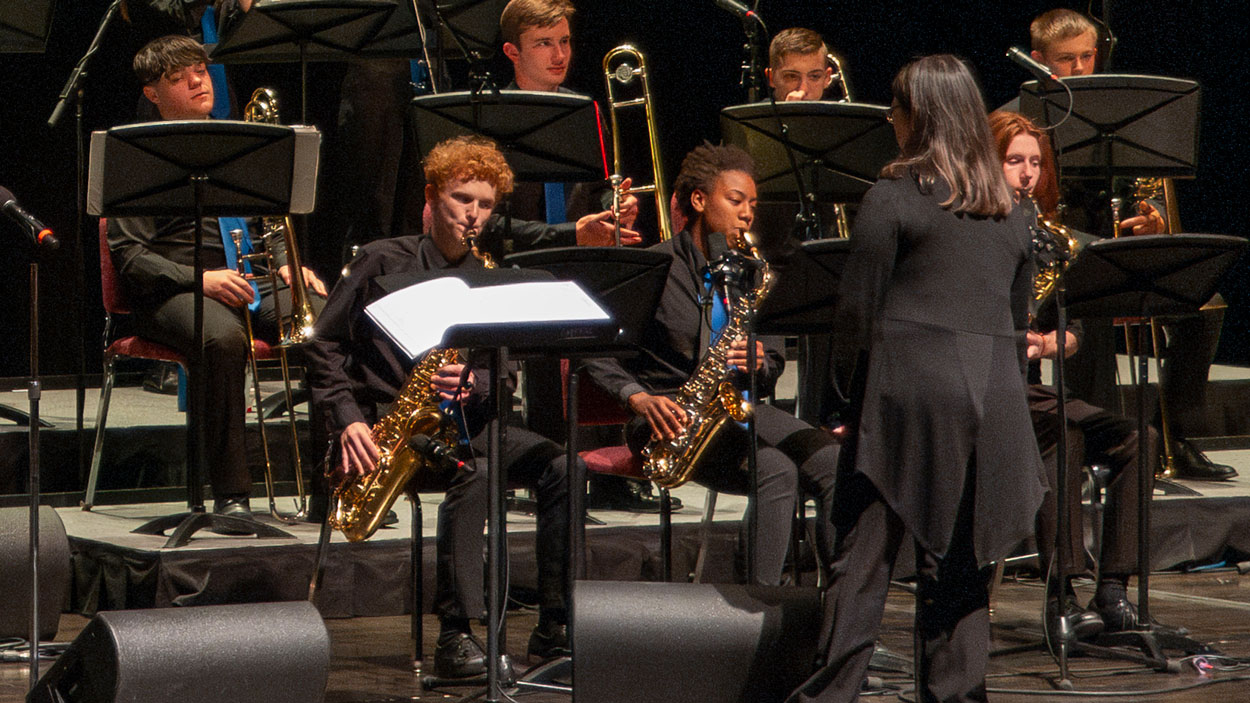 Wentzville Liberty Jazz Band performing under the direction of Sarita Magno-Parsons during the 2024 Greater St. Louis Jazz Festival