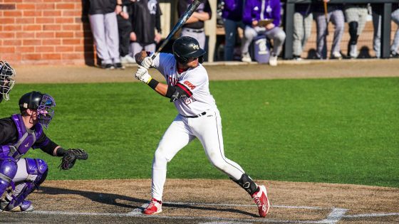 Logan Mantz stands in the batter's box waiting for a pitch