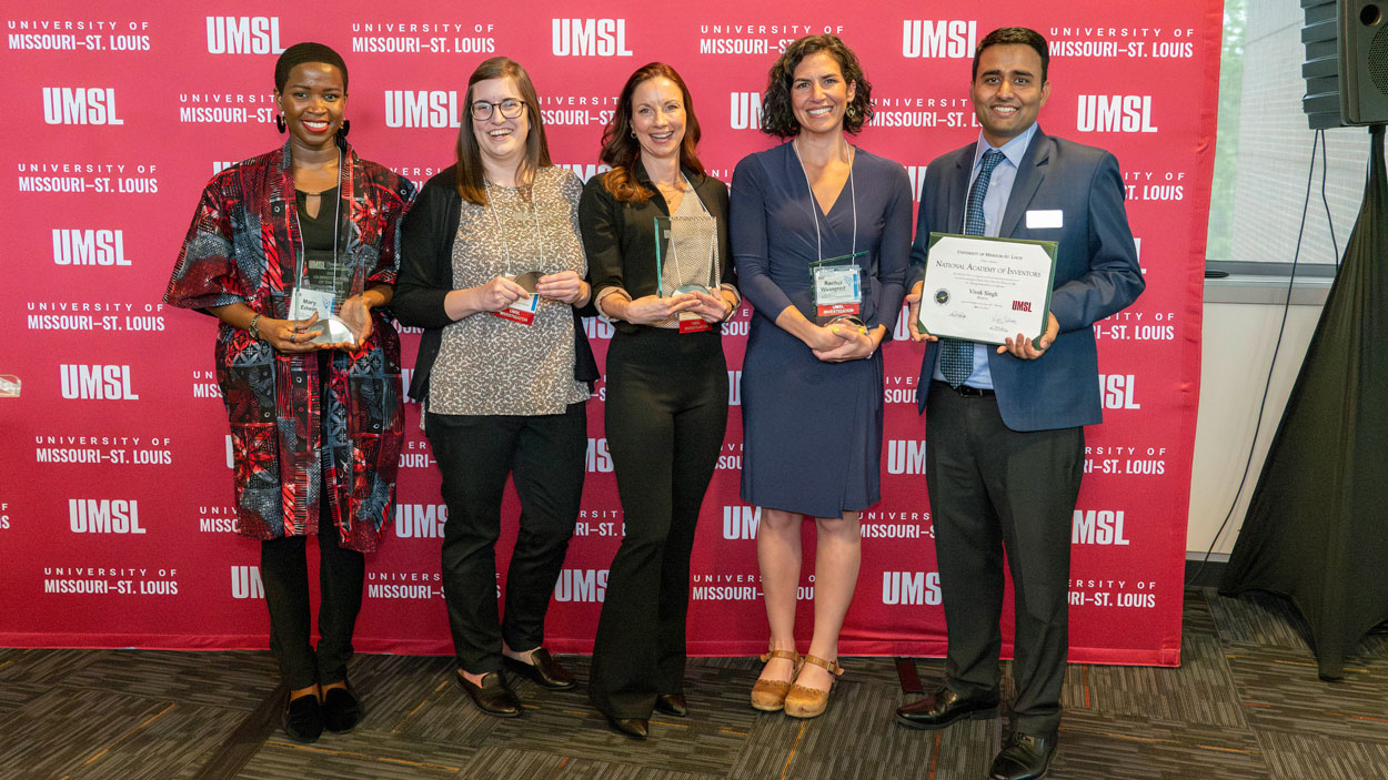 Faculty members Mary Edwin, Emily Brown, Anita Manion, Rachel Winograd and Vivek Singh hold their awards at the Research and Innovation Reception