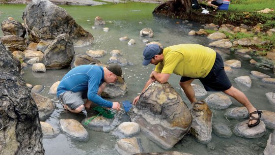 Michi Tobler and a colleague collect fish at La Gloria, a sulphur spring in Tabasco, Mexico.
