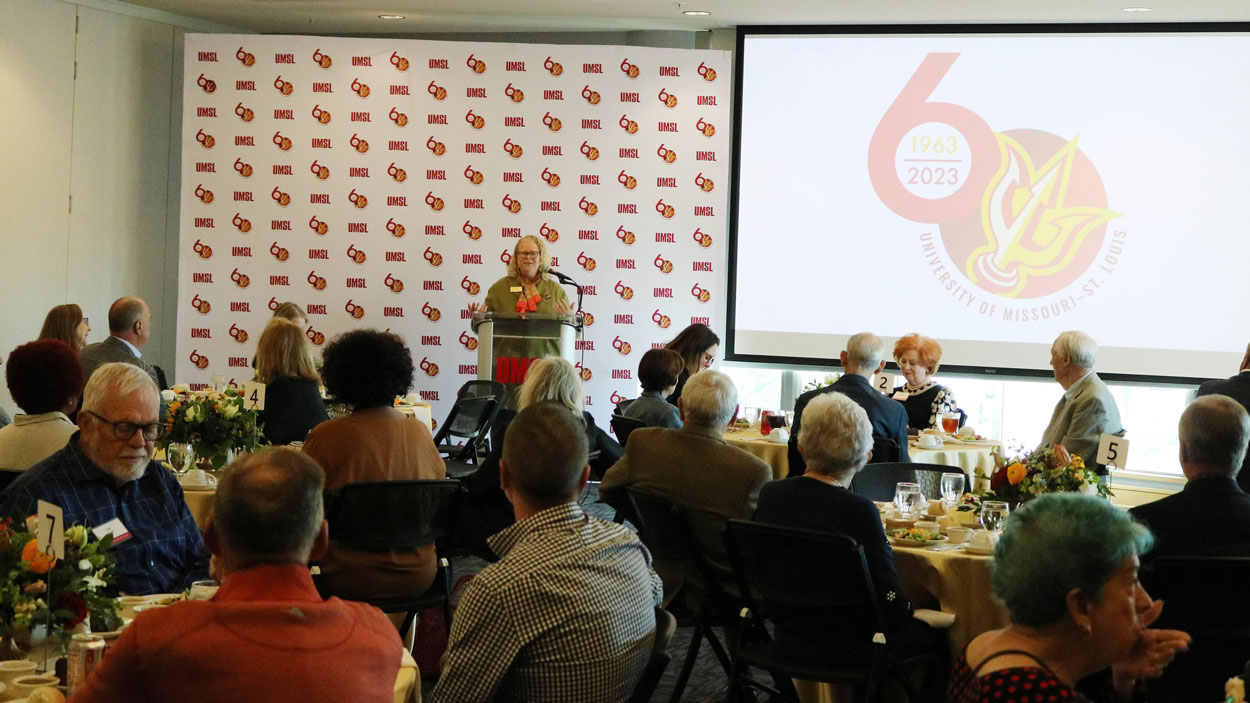 Chancellor Kristin Sobolik speaks to attendees of The 1963 Society luncheon in the Millennium Student Center
