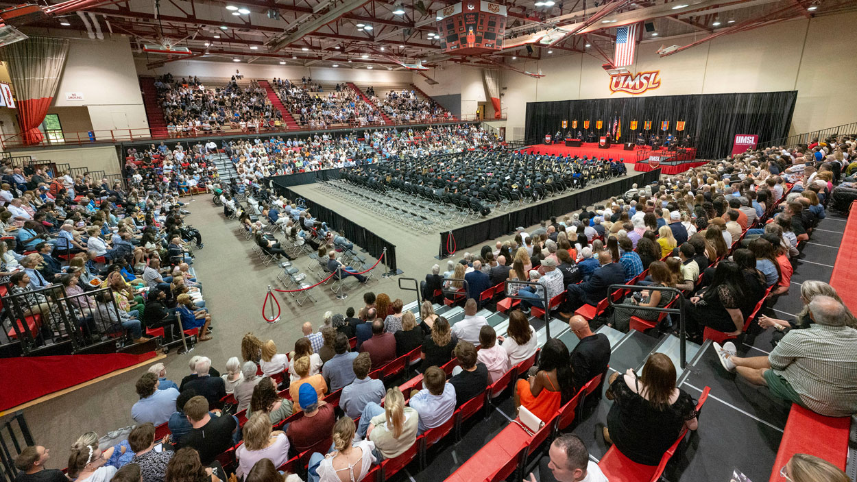 The Mark Twain Athletic Center filled with spectators during a commencement ceremony