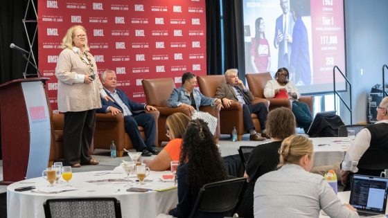 Chancellor Kristin Sobolik speaks to attendees at the Anchor Learning Network Action Summit on Tuesday in the Century Rooms of the Millennium Student Center