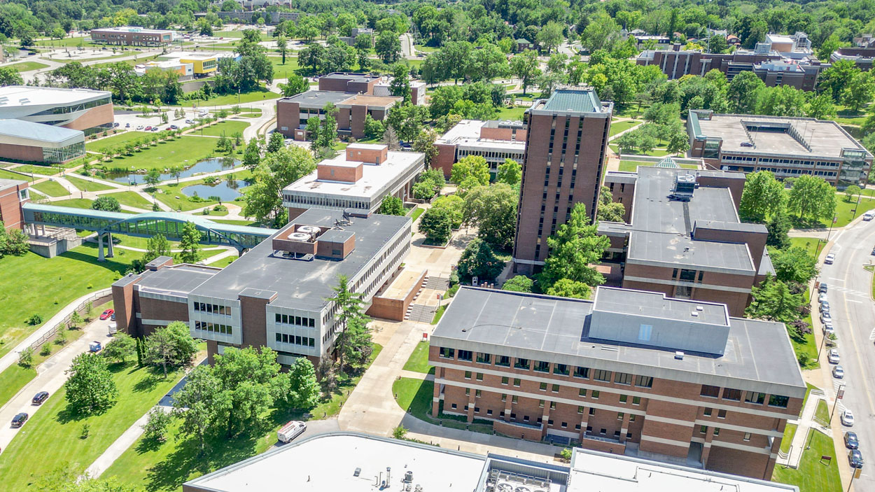 An aerial photo of UMSL's North Campus taken with a drone looking south from above Anheuser-Busch Hall