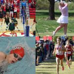 (Clockwise from top left) UMSL volleyball team celebrating at NCAA Regional; women's golfer Wilma Zanderau following through; men's cross country runner Benjamin VandenBrink leading a pack of runners; swimmer Justice Beard swimming freestyle