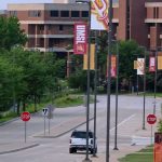 A view of the UMSL campus looking down West Drive from Natural Bridge Road