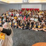 Jessica Hylton, the interim director of global students and experiences at the University of Missouri–St. Louis, took a selfie with new Tritons from around the world as UMSL welcomed 101 international students from 26 countries and five continents during Global Triton Welcome on Monday in the Millennium Student Center.