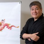 Minsoo Kang with depiction of the "Naked Sky Baby" from his novel