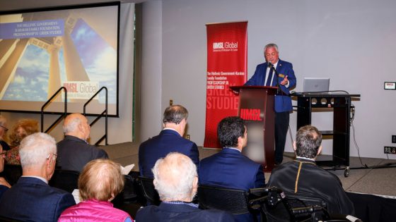 Provost Steven J. Berberich welcomes guests to a celebration of the 30th anniversary of Greek Studies at UMSL