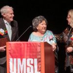 Chancellor Kristin Sobolik congratulates Ken and Nancy Kranzberg after presenting them with the E. Desmond and Mary Ann Lee Medal for Philanthropy