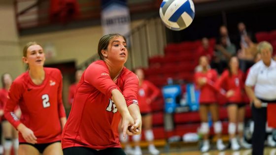 Sophomore defensive specialist Skylar Weaver prepares to hit a volleyball