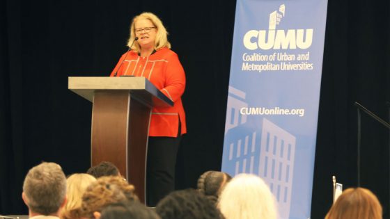 UMSL Chancellor Kristin Sobolik speaking at the Coalition of Urban and Metropolitan Universities' annual conference in Minneapolis