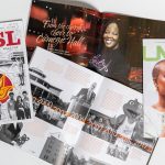 Spring and Fall 2023 issues of UMSL Magazine with spreads on alum Maria Ellis and UMSL's 60th anniversary