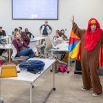 Accounting Professor Michele Mceckfessel dressed in costume as she led a tax- and accounting-theme "Jeopardy" competition during and event titled "Don't be a Turkey!, Learn about taxes!" last Tuesday in Anheuser-Busch Hall.