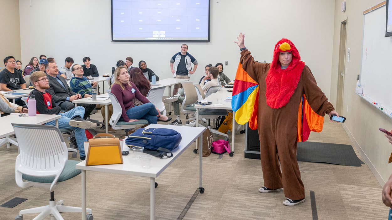 Accounting Professor Michele Mceckfessel dressed in costume as she led a tax- and accounting-theme "Jeopardy" competition during and event titled "Don't be a Turkey!, Learn about taxes!" last Tuesday in Anheuser-Busch Hall.