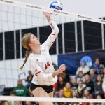 Rightside hitter Alayna Santel swings at a ball while leaping at the net