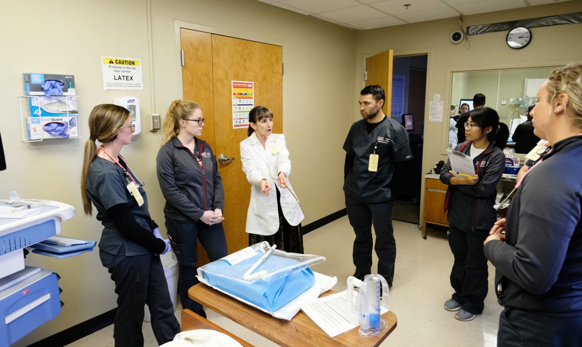 Students in the College of Nursing speak with instructor