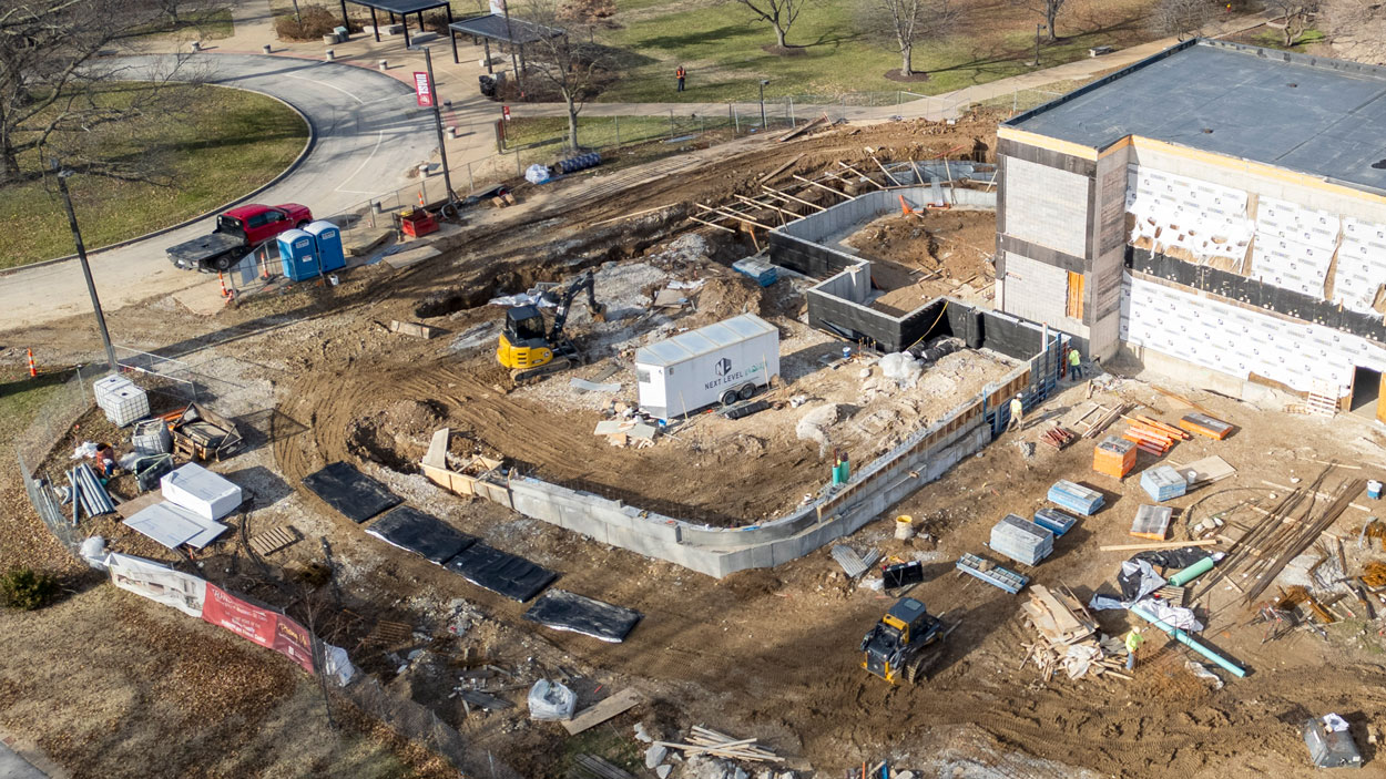 An aerial view of construction of the Richter Family Welcome and Alumni Center