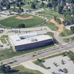 Aerial view of UMSL's South Campus with the Patient Care Center in the middle