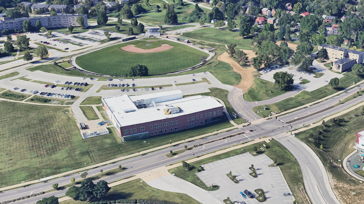 Aerial view of UMSL's South Campus with the Patient Care Center in the middle