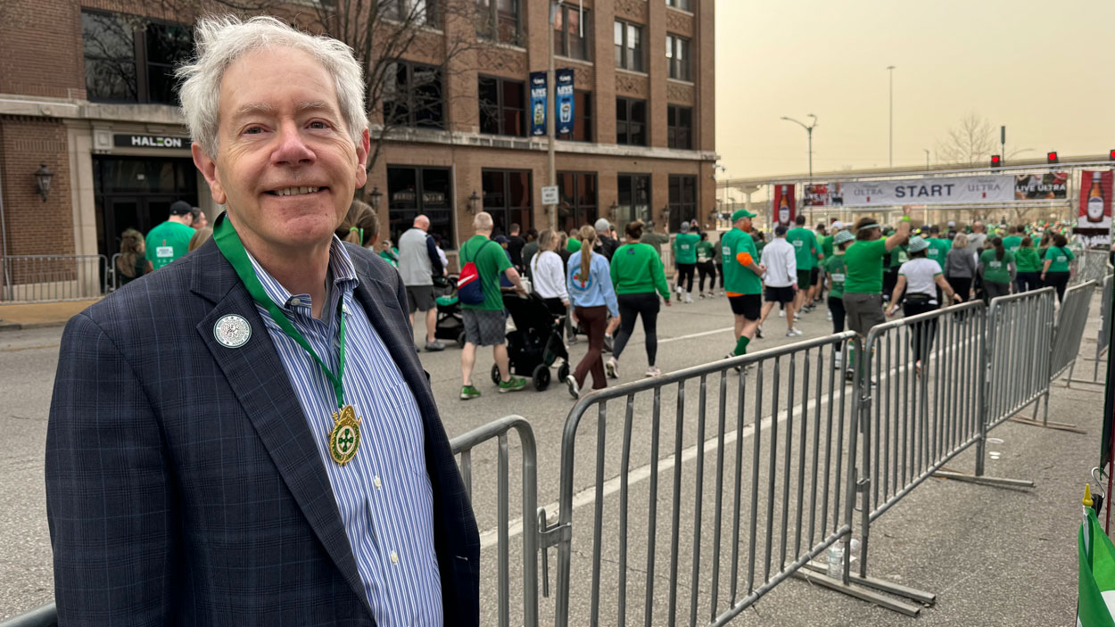 Eamonn Wall standing near the start of the St. Patrick's Day race in downtown St. Louis