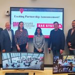 Representatives of UMSL's Geospatial Collborative and BAE Systems standing together at an announcement of a new strategic collaboration