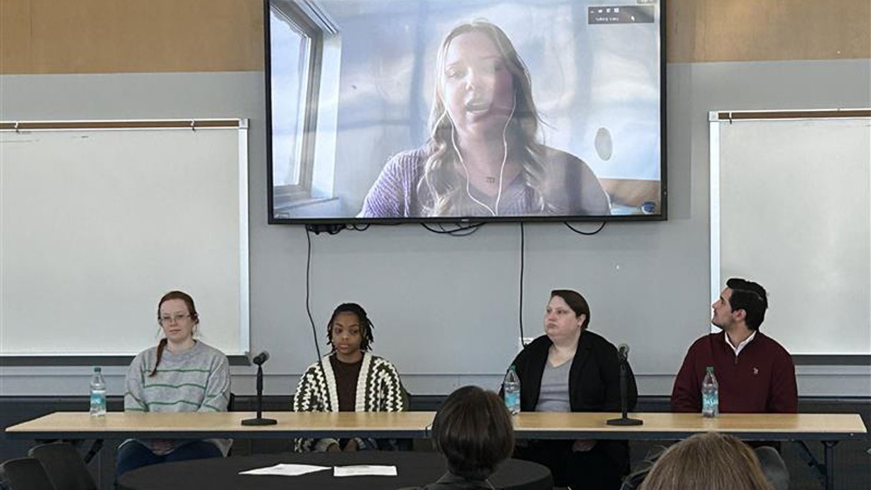 Kaley Ware speaks remotely as fellow panelists Angela Truesdale, Janiah Henderson, Kel Gruber and Andrew Price listen in the ED Collabitat