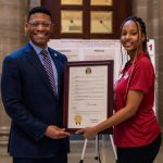 UMSL biology student Kyliyah Walker with Missouri Sen. Brian Williams at UM System's Undergraduate Research Day at the Missouri Capitol