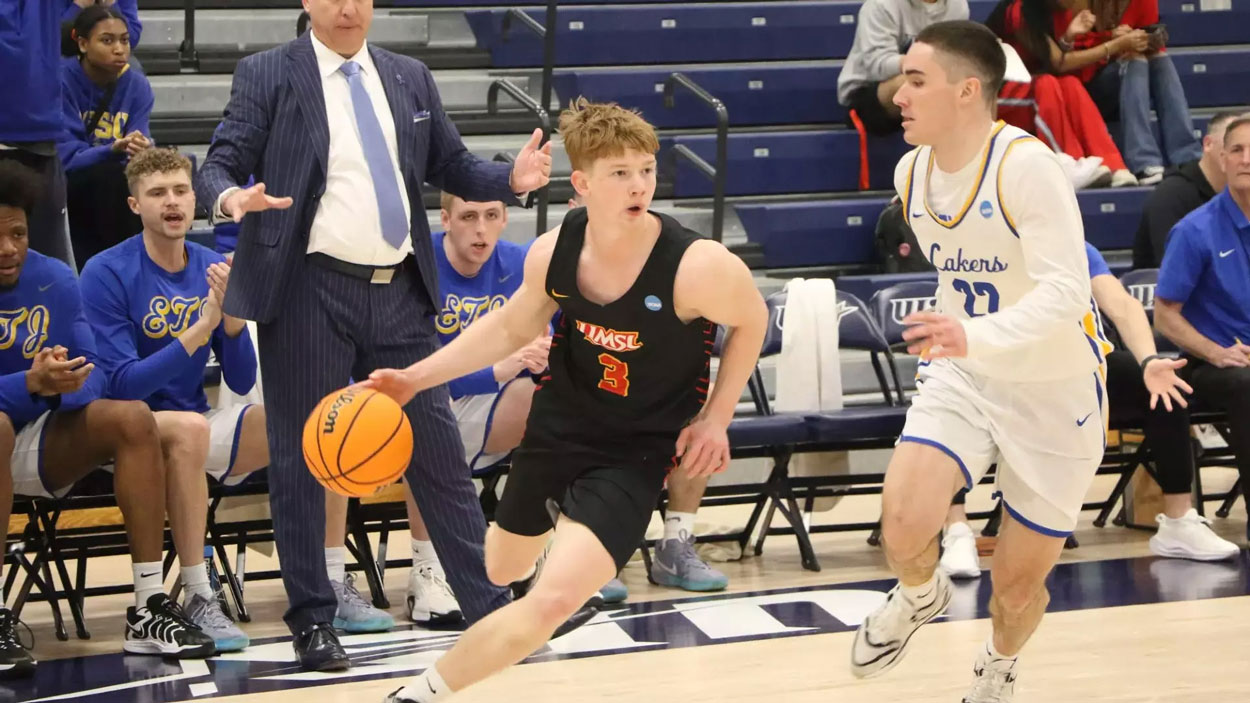 Matt Enright drives the ball against Lake Superior State in the NCAA Division II Midwest Regional final