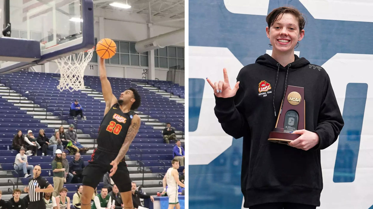 Savon Wykle lays the ball in on a fast break, and Justice Beard holds an NCAA trophy