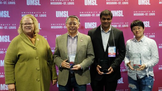 Chancellor Kristin Sobolik, Haitao Li, Vijay Anand and Jinjia Xu at the Research and Innovation Celebration