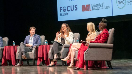 UMSL alum and Missouri Botanical Garden President Lúcia Lohmann speaks as part of a panel during the "Start with Leadership: Leading for Growth and Innovation" conference hosted by FOCUS St. Louis and UMSL at the Blanche M. Touhill Performing Arts Center