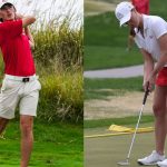 (At left) Men's golfer Leo Baudry follows through after hitting a tee shot. (At right) Women's golfer Emmy Wahl hits a putt.