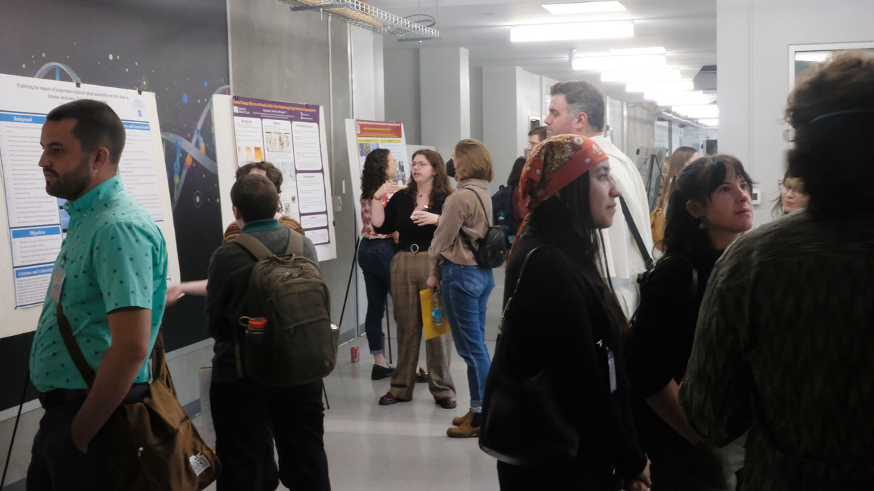Students fill the first-floor hallway at Benton Hall during the Midwest Ecology and Evolution Conference