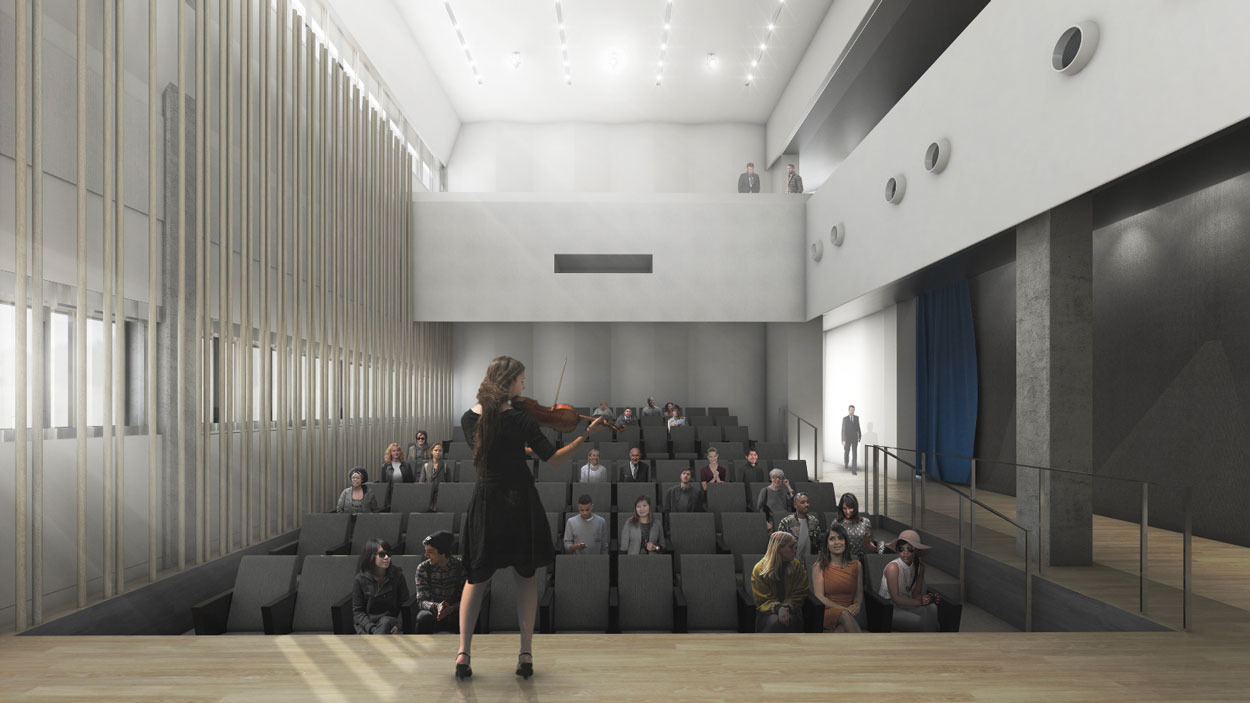 A rendering showing the view from the stage in the recital hall at the Arts Administration Building