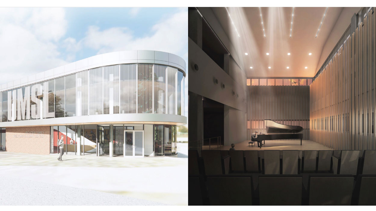 Renderings of the Richter Family Welcome and Alumni Center and the recital hall in the Arts Administration Building