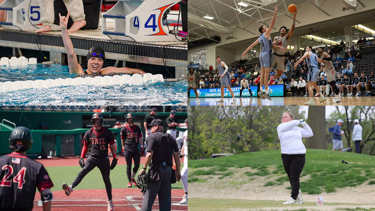 (Clockwise from top left) women's swimmer Justice Beard celebrates in the pool; men's basketball player Janeir Harris shoot around a defender in the GLVC Tournament, women's golfer Wilma Zanderau follows through after a drive; baseball player Braedon Stoakes celebrates after scoring a run