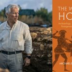 Graphic featuring Michael Cosmopoulos standing in a trench and the cover of his new book, "The World of Homer"
