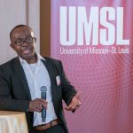 George Nnanna, the founding director of the University of Missouri–St. Louis School of Engineering, speaks at a welcome event in April.
